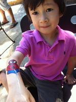 A smiling child shows off their Spiderman arm paint